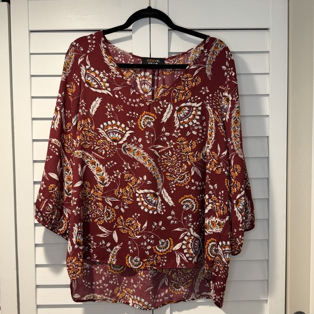 Renee C. Burgundy Floral Paisley 3/4 Sleeve High-Low Blouse Women's XL